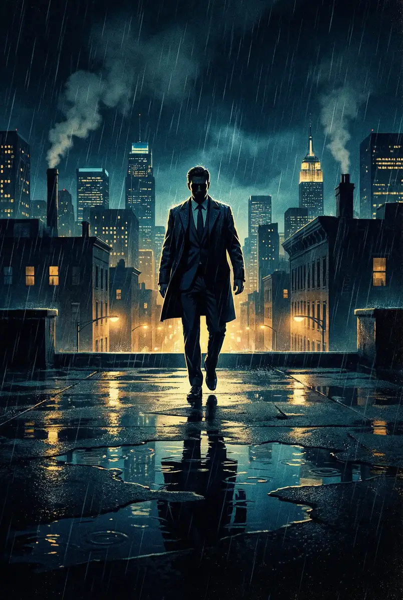 反差女 出品影片《雨夜独行者》海报，雨中城市屋顶男性剪影
